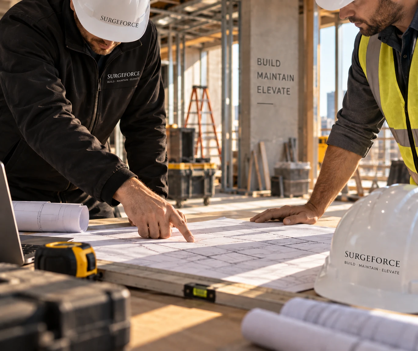Two SurgeForce team members in hard hats reviewing blueprints on an active job site