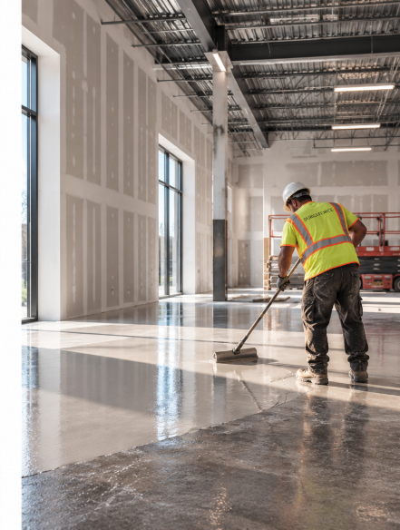 A SurgeForce crew member sealing a polished concrete floor in a warehouse build-out
