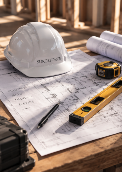 A SurgeForce hard hat resting on construction blueprints alongside a level and tape measure