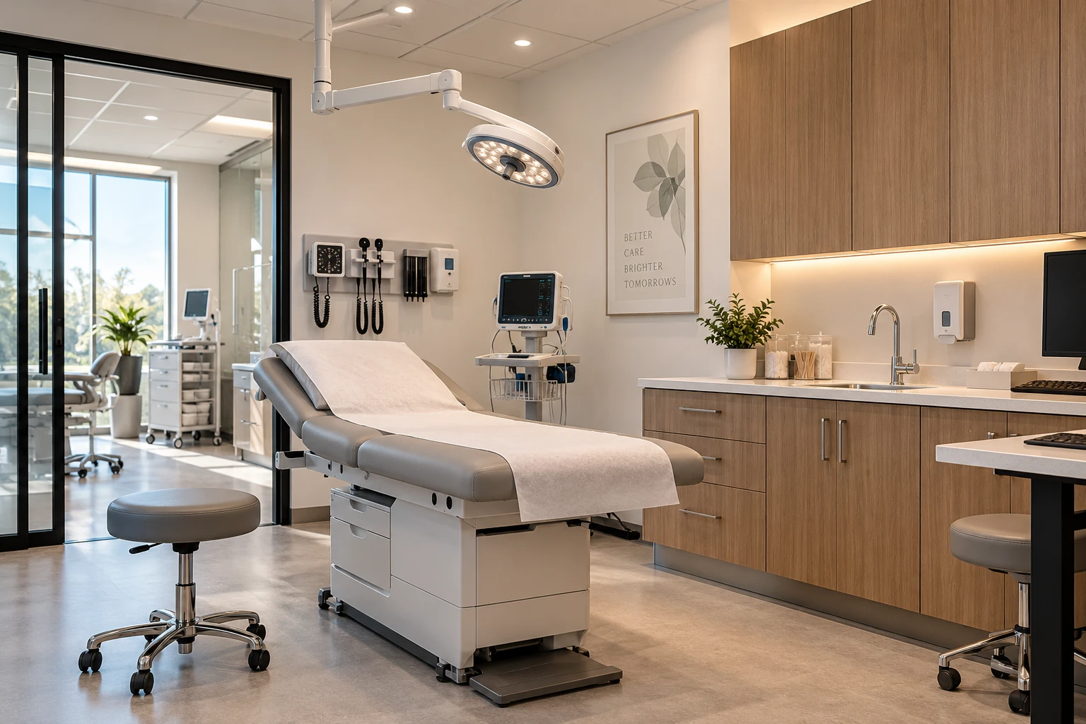 A finished medical exam room with an exam table, overhead light, and cabinetry