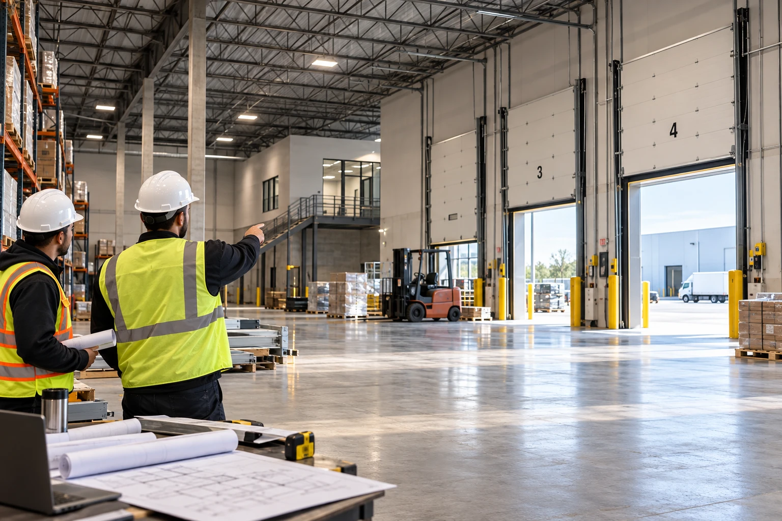 Two workers in hard hats and safety vests reviewing plans on a warehouse loading dock floor