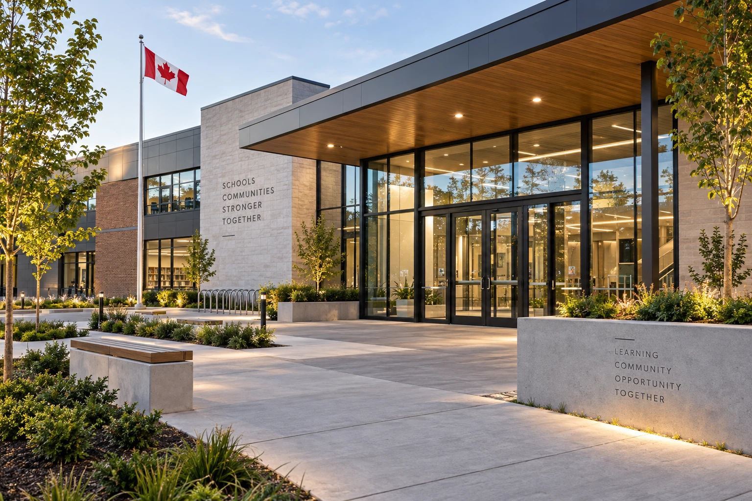 The entrance of a modern school building with a Canadian flag and landscaped walkway