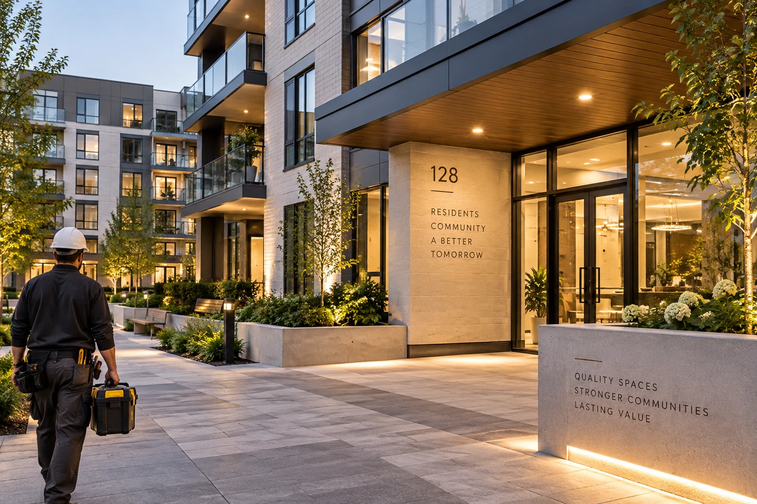The evening entrance of a modern apartment building with a technician walking through the courtyard