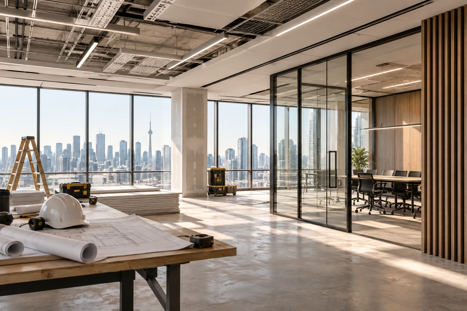 A partially built-out office floor with a glass-walled boardroom overlooking the Toronto skyline