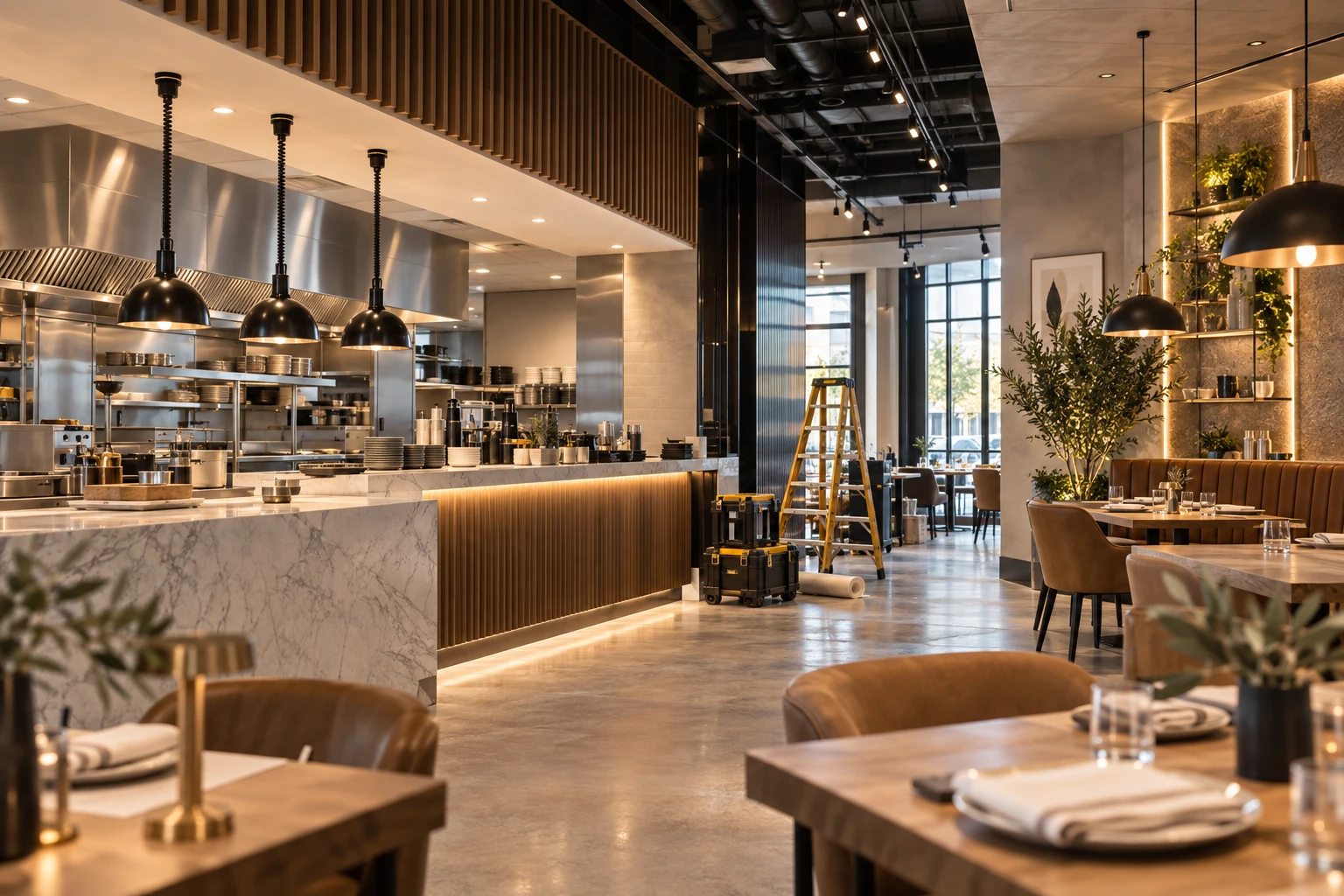A finished restaurant interior with an open kitchen, pendant lighting, and set dining tables