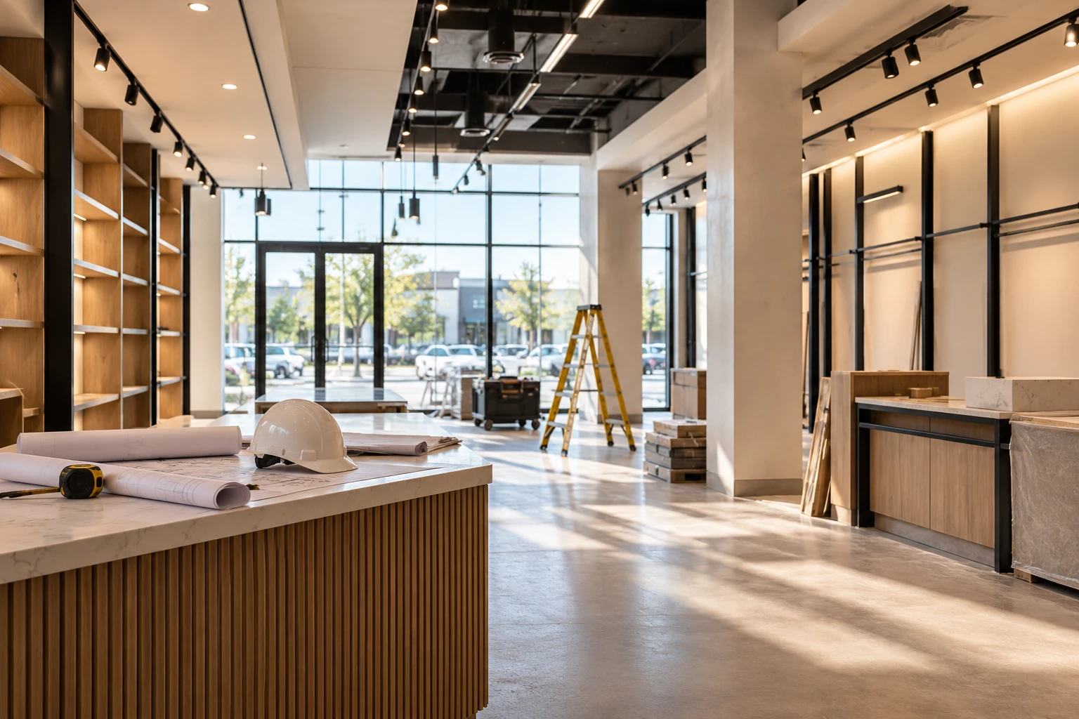 A retail store build-out in progress with custom wood shelving and a marble waterfall counter